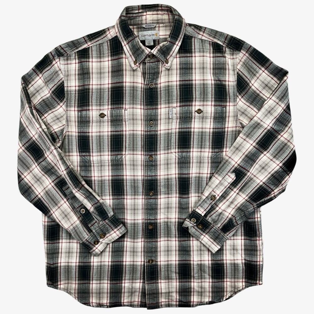 Carhartt Men’s L Relaxed Fit Gray Red Plaid Flannel Long Sleeve Work Shirt